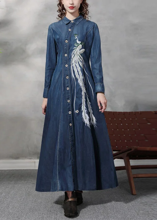 Slim Fit Blue Peter Pan Collar Button Waist retraction Embroideried Cotton Denim Dresses Long Sleeve Summer Denim Skirt