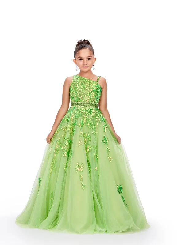 Ashley Lauren Kids 8240 Size 6 Neon Green Girls Long Tulle Sequin Lace Ballgown Pageant Dress One Shoulder Elegant Glitter Sequin