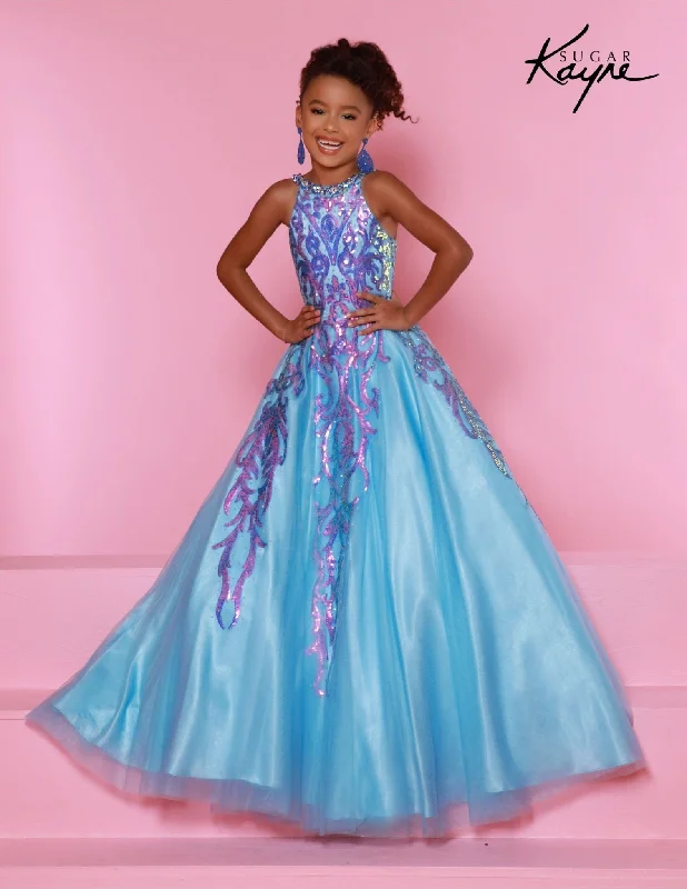 Sugar Kayne C344 Long Girls  Preteen Pageant Dress  Halter Neck Glittering Sequin  A-line Ballgown Sequin Party Dress