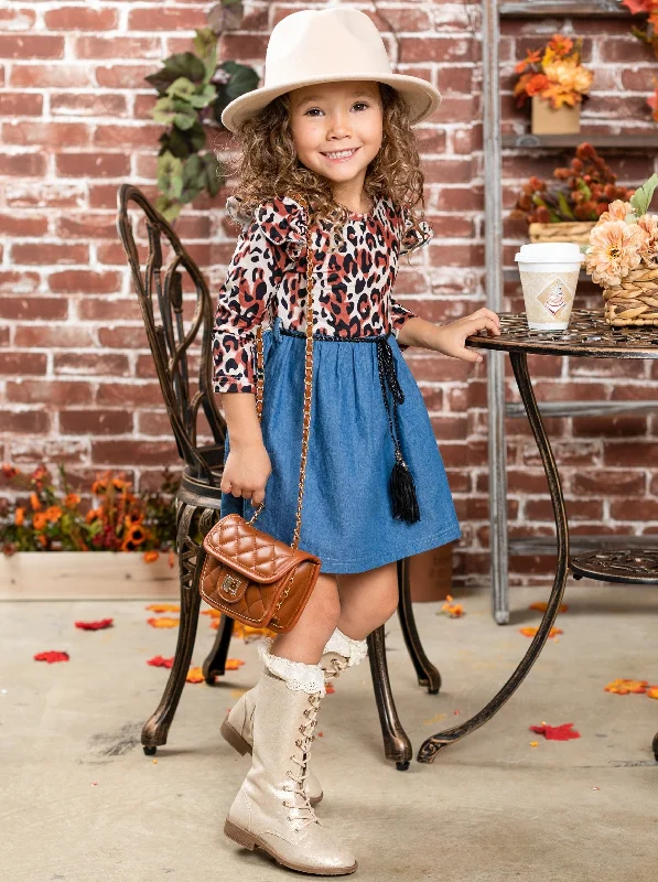 Fierce and Fab Leopard Denim Dress Mid-Length Denim Skirt