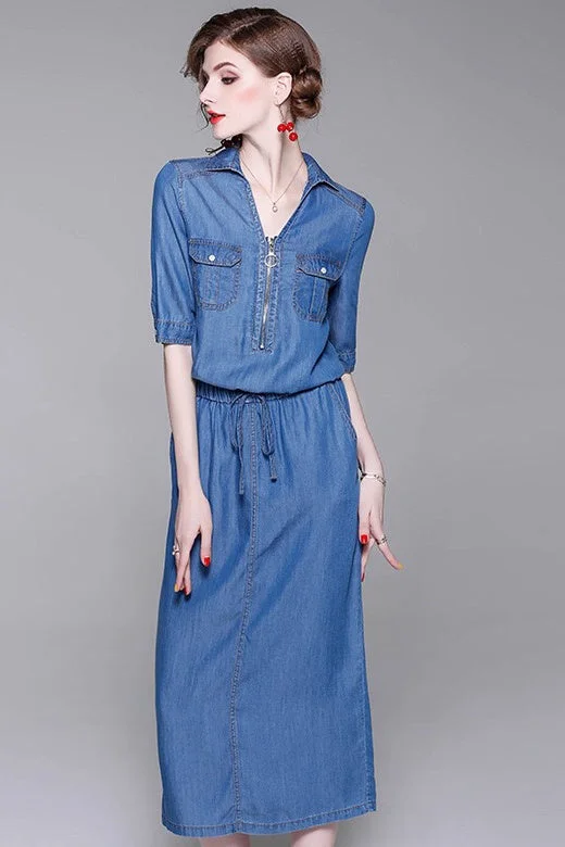 Denim Midi Dress W/ Belt Button-down Denim Skirt