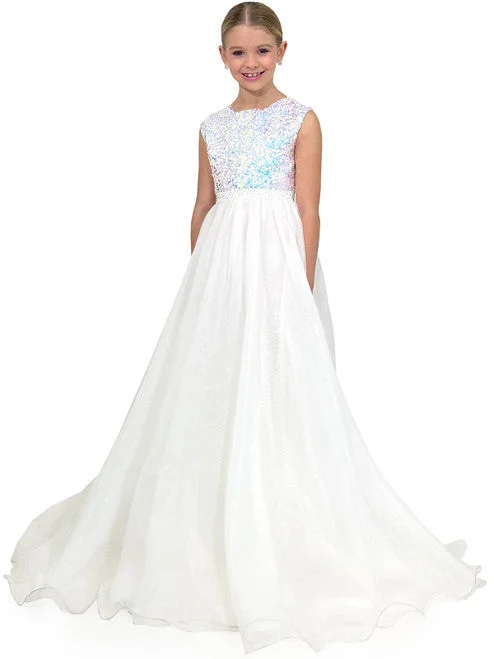 Marc Defang 5009 Size 10 White Kids Long Formal Dress A Line Sequin Girls Pageant Dress Chiffon Kids Sequin Dress Midi