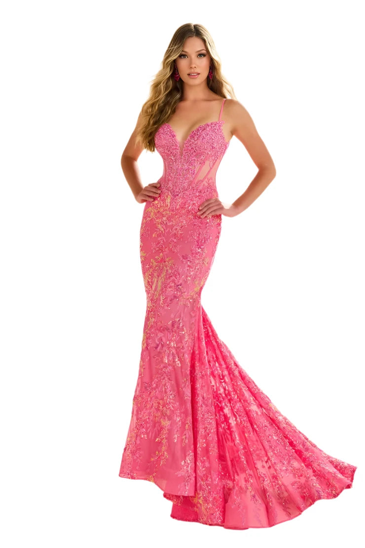 Ellie Wilde EW36003 Size 8 Hot Pink Sheer Corset Sequin Mermaid Backless Prom Dress Pageant Evening Gown Glamorous Sequin Dress