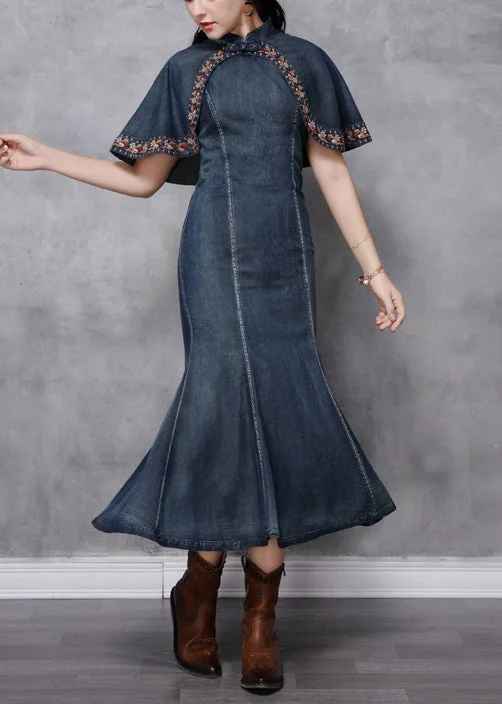 Vintage Blue Mandarin Collar Ruffled Cotton Long Denim Dress Cloak sleeve Denim Skirt Look