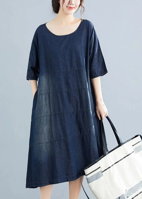 Natural denim blue Cotton outfit 18th Century Catwalk o neck Midi Summer Dresses Stylish Denim Skirt