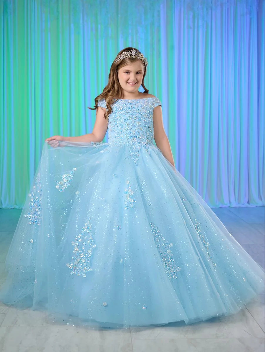 Tiffany Princess 13764 Size 6 Sky Girls Pageant Dress Off the shoulder Sequin Shimmer Ball Gown Flared Sequin Dress