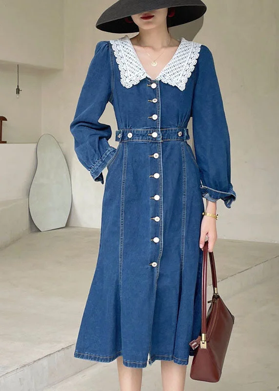 Boho Dark Blue slim fit Button denim Dress Spring Denim Skirt Flare