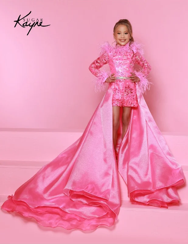 Sugar Kayne C339  Girls Sequin Mesh Romper Preteen Long Sleeve Feathers Pageant Overskirt Sleek Sequin Dress