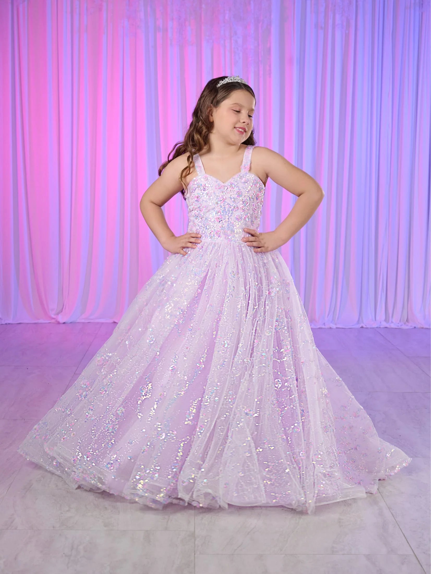 Tiffany Princess 80026MQ Size 2 Lilac Girls Sequin Pageant Dress Corset Ball Gown Scoop neck Train Silver Glitter Sequin