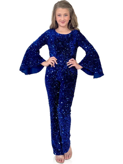 Marc Defang 8225K Girls Velvet Sequin Pageant Jumpsuit Long Bell Sleeve Fun Fashion Sparkly Mini Sequin