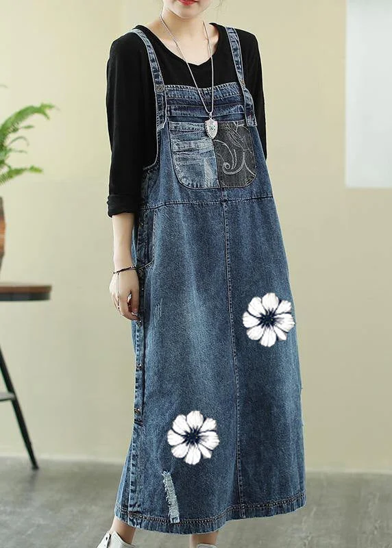 Vivid denim blue-white flowers tunic dress Slash neck Hole Maxi Dress Flared A-line Denim