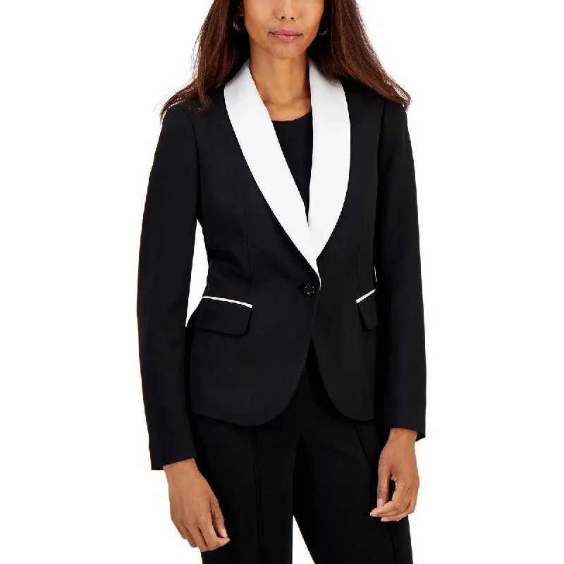 Petites Womens Contrast Trim Office One-Button Blazer Blazer for Date Night