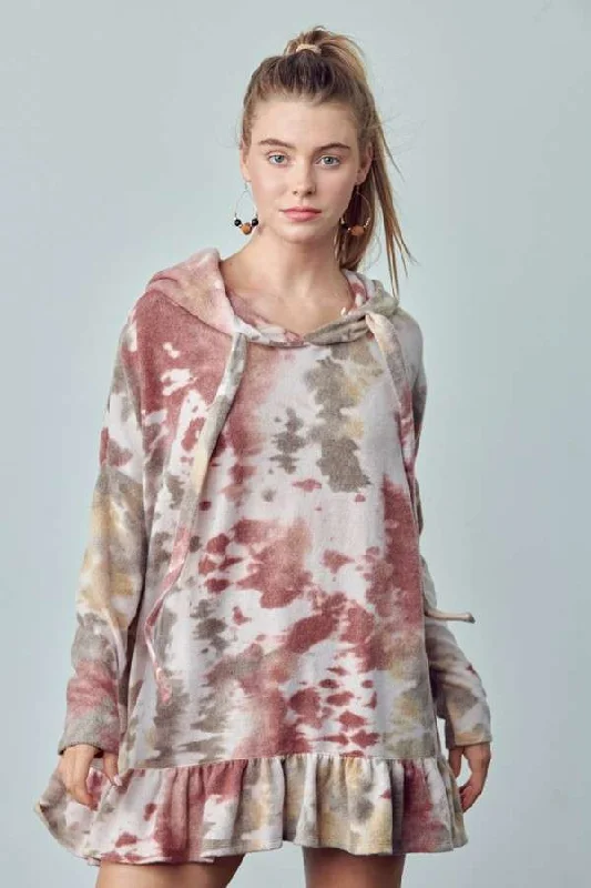 Tie Dye Fleece Ruffle Bottom Hoodie Tunic - Jade by Jane Relaxed Fit Sweatshirts