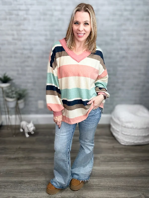 Brushed Super Soft Muted Colors Striped Top from Jade by Jane Casual Hoodie Sweatshirt Look