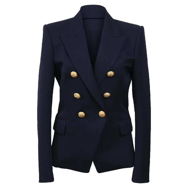 Balmain Embellished Buttons Double-Breasted Blazer in Navy Blue Wool Blazers for Women’s Wardrobe