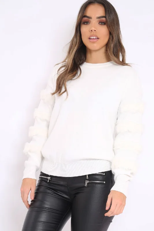 White Fur Sleeve Knitted Jumper - Courtnie Classic Women’s Pullover