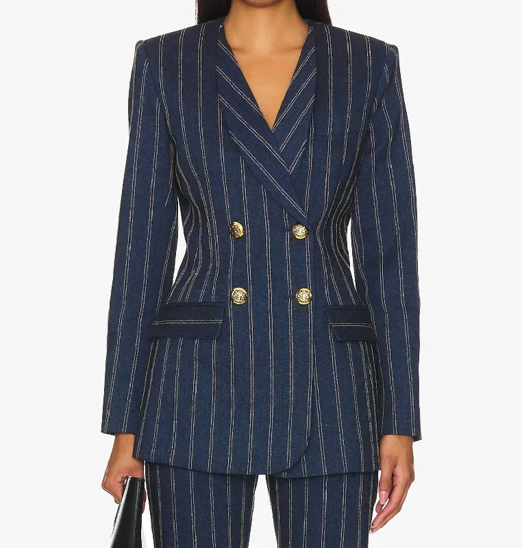 Collarless Double Breasted Blazer In Indigo Stripe Classic Style Blazer