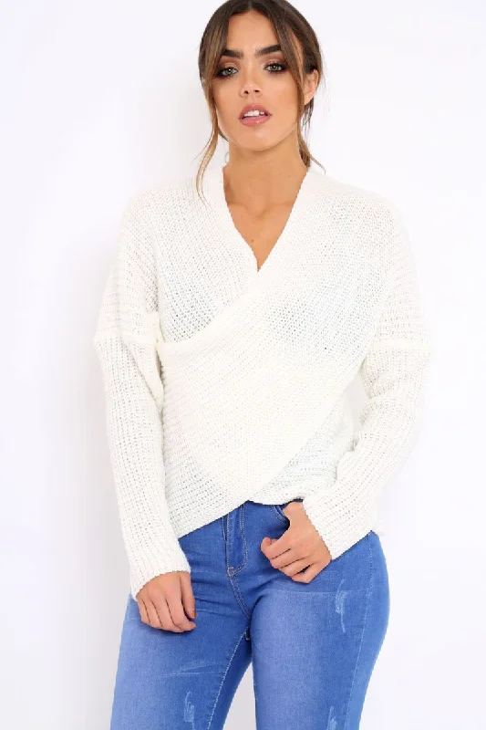 White Wrap Front Cable Knit Jumper - Melia Women’s Oversized Pullover