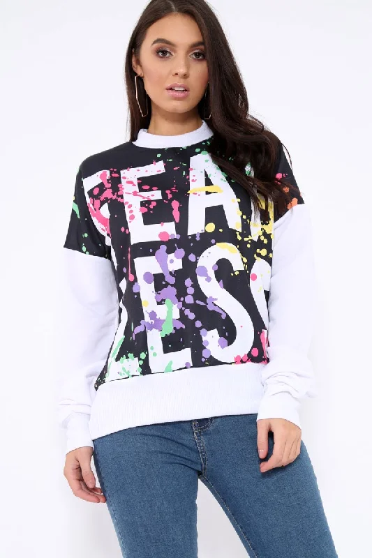 White Fearless Paint Splatter Sweatshirt - Eliza Relaxed Fit Pullover