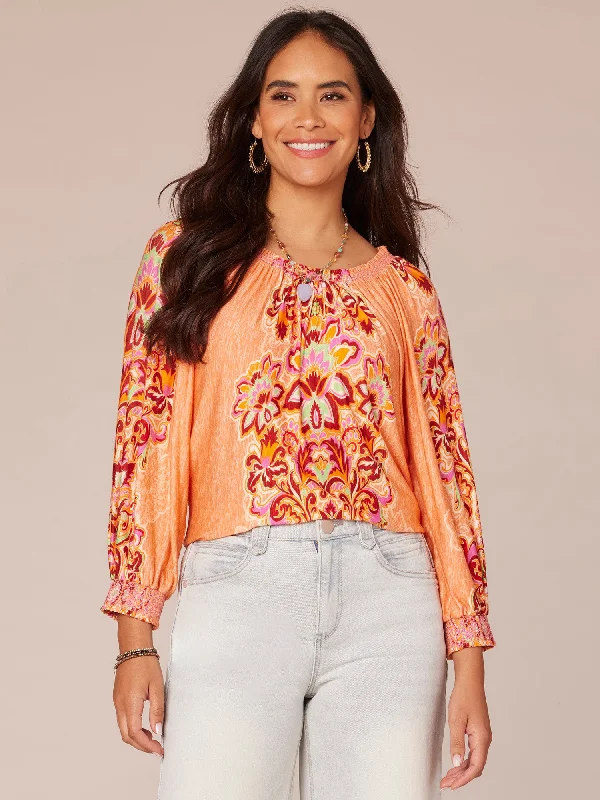 Three Quarter Blouson Sleeve Smock Scoop Neck Placement Print Knit Top