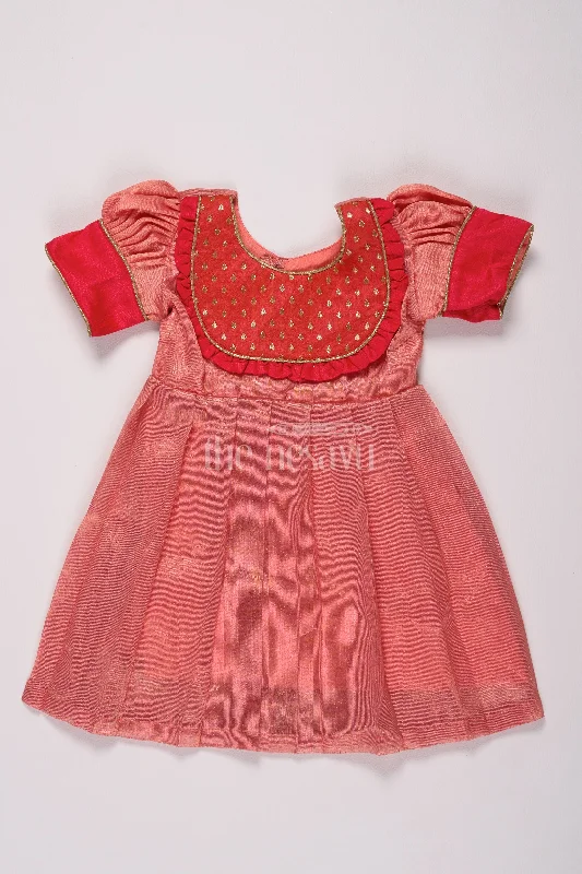 Radiant Pink Silk Saree Frock for Girls with Golden Yoke and Silver Tissue Design