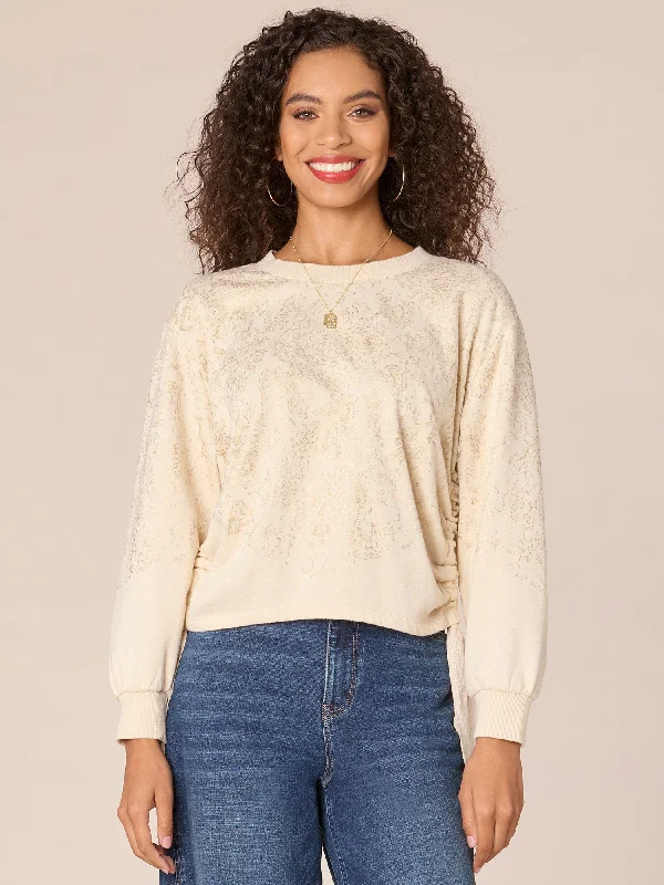 Long Sleeve Boatneck Foil Placement Print Knit Top with Drawstring Hem