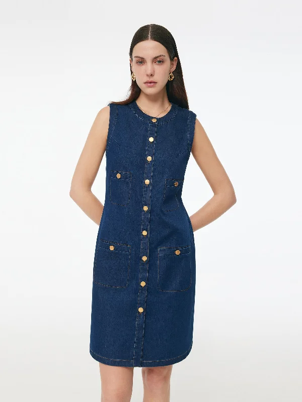 Denim Stretch Front Button Women Mini Dress