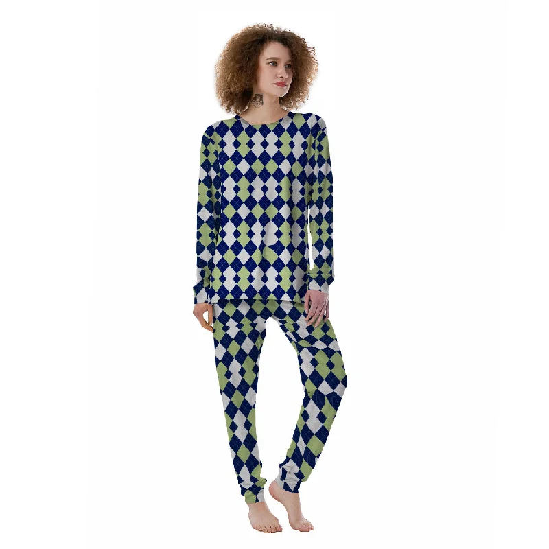 Navy Green And White Argyle Print Women's Pajamas Classic pajama sets