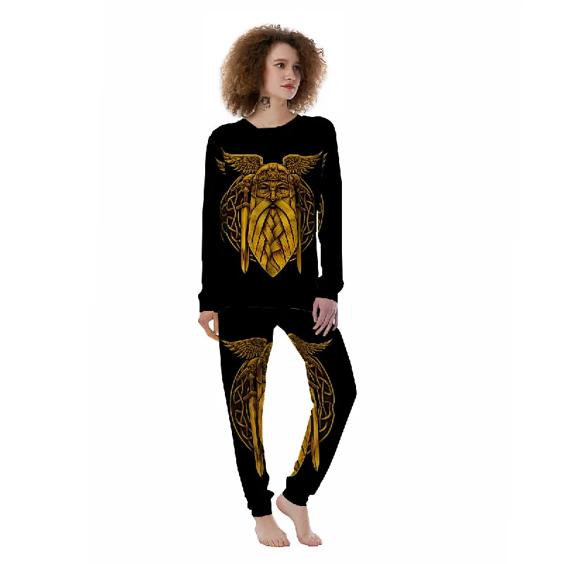 Odin God And Crow Gold Viking Print Women's Pajamas Two-piece pajama sets