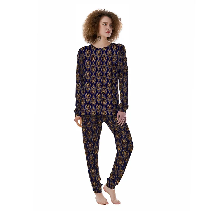 Paisley Blue And Gold Print Pattern Women's Pajamas Linen pajama sets