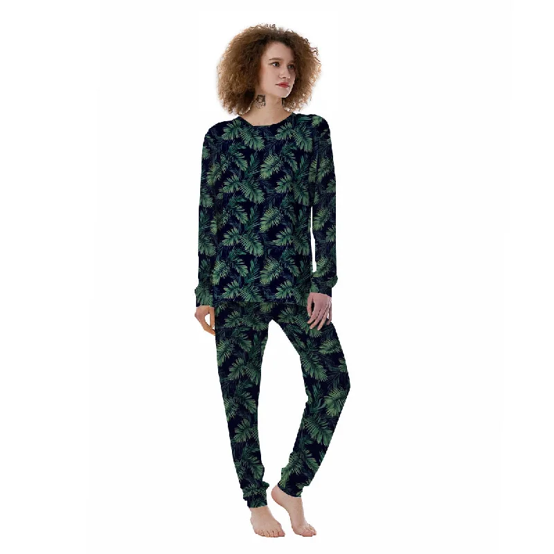 Palm Leaves Dark Tropical Print Pattern Women's Pajamas Best pajama sets for sensitive skin