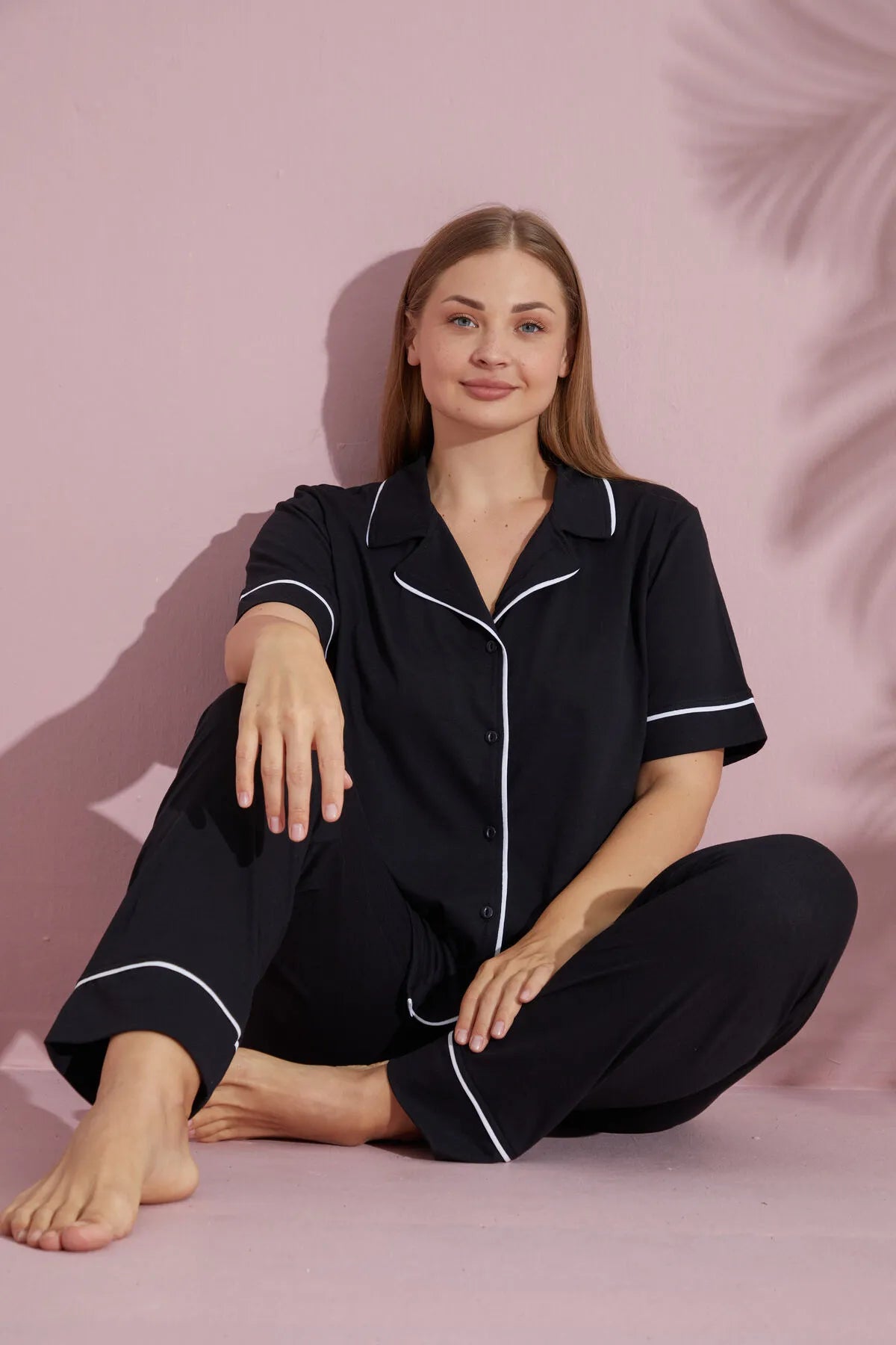 Pijamood  Plus Size Women's Black Short Sleeve Cotton Front Buttoned Pijama Set Target pajama sets