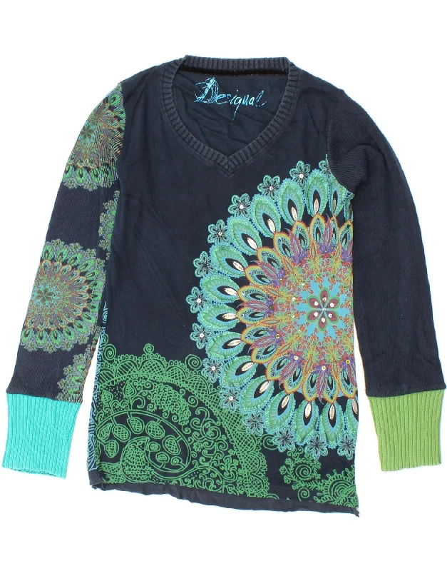 DESIGUAL Womens Graphic V-Neck Jumper Sweater UK 14 Large Navy Blue Travel-friendly sweaters