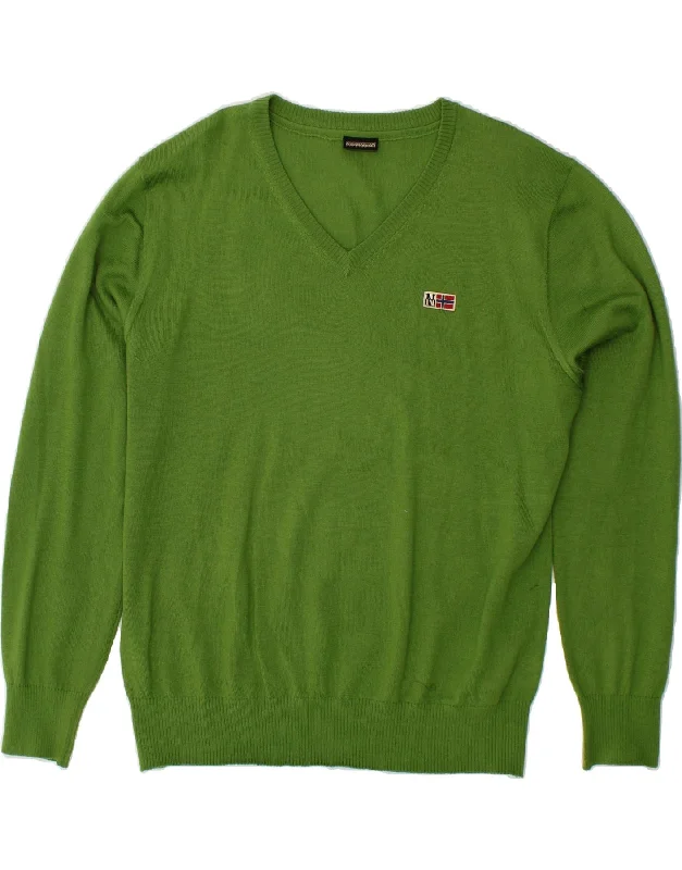 NAPAPIJRI Womens V-Neck Jumper Sweater UK 20 2XL Green Wool Cheap sweaters