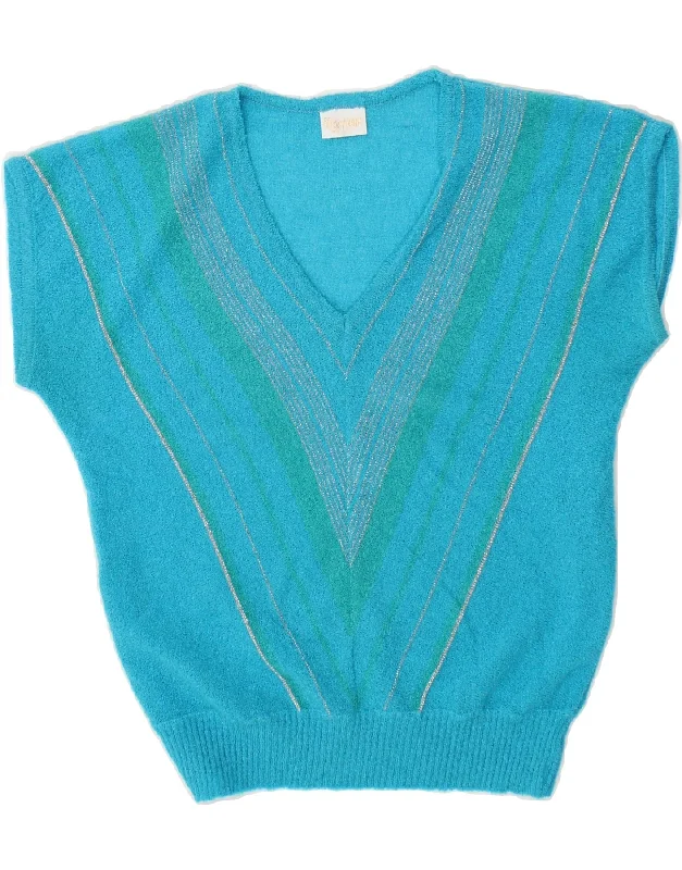 VINTAGE Womens Short Sleeve V-Neck Jumper Sweater UK 14 Medium Blue Best everyday sweaters