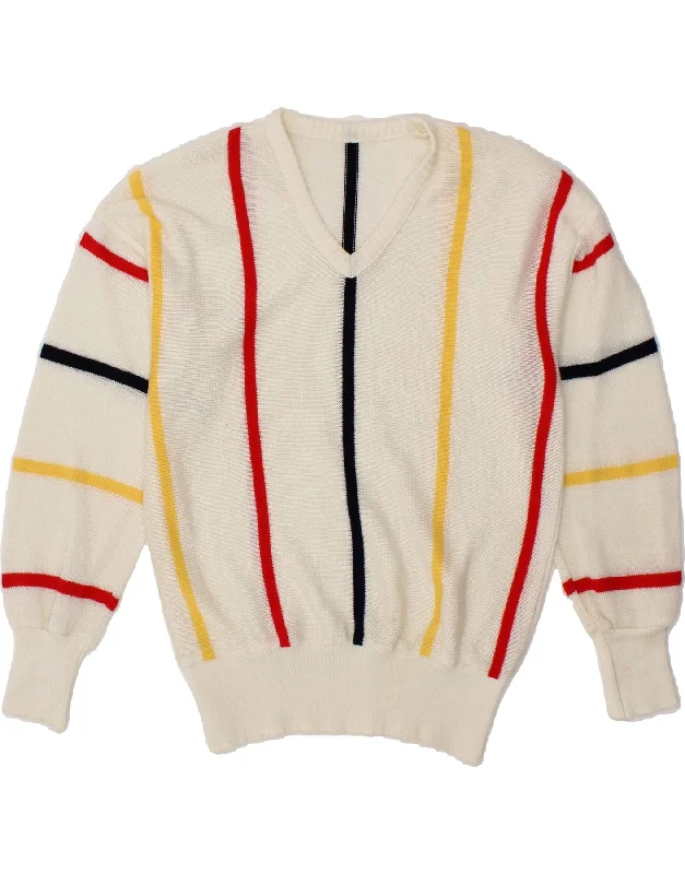 VINTAGE Womens V-Neck Jumper Sweater UK 10 Small White Striped Luxury sweaters