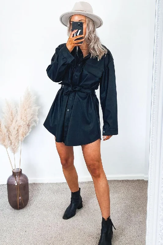 Black Faux Leather Belted Shirt Mini Dress - Alese Cute floral print mini dresses