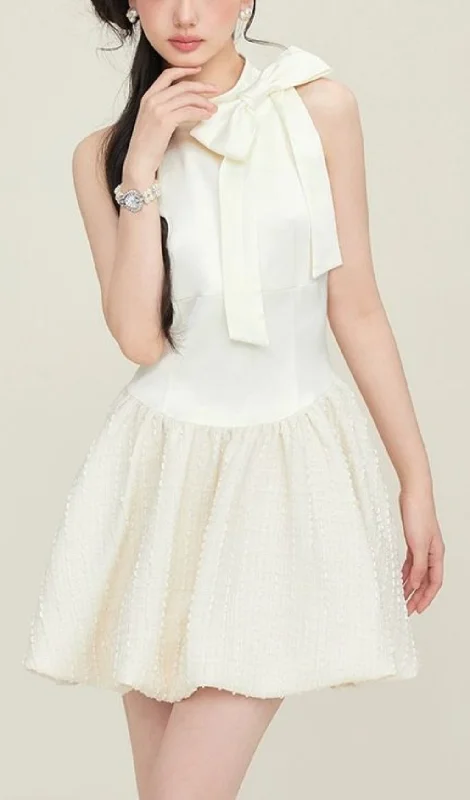 BOW SLEEVELESS MINI DRESS IN CREAM WHITE Summer party mini dresses