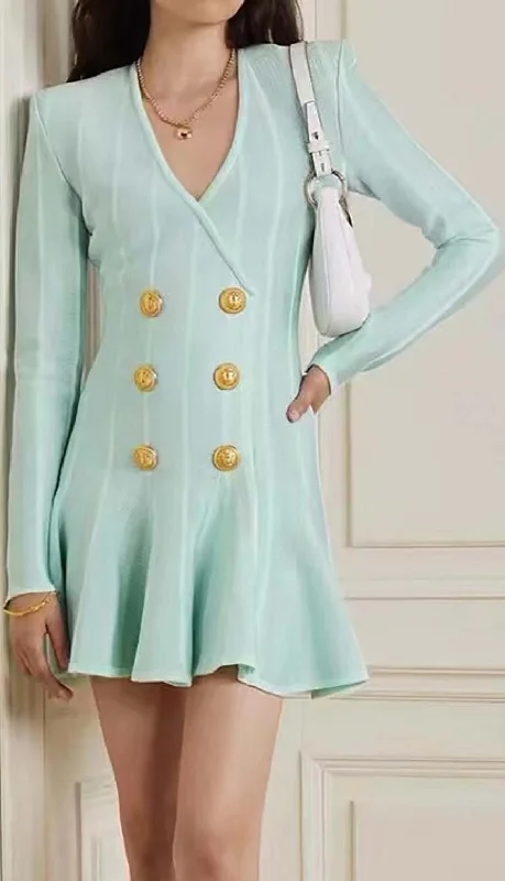 BUTTON-EMBELLISHED MESH MINI DRESS IN MINT Luxury mini dresses