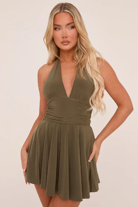 Khaki Halter Plunge Neck Mini Dress - Pippa Best value mini dresses