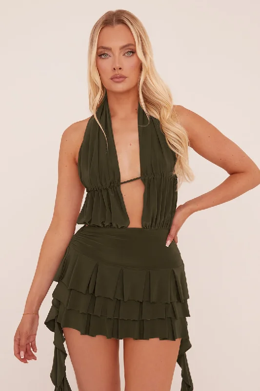 Khaki Plunge Neck Frill Detail Mini Dress - Swan Casual mini dresses