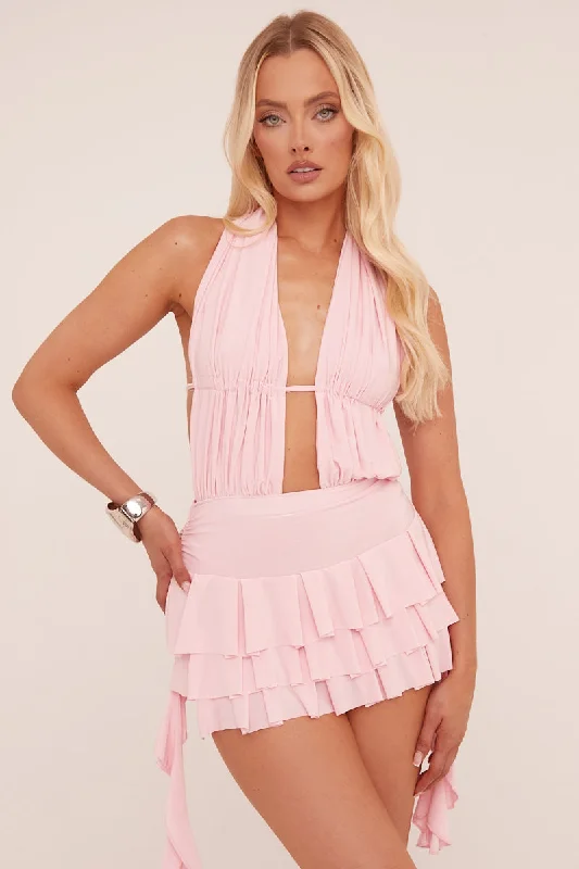 Pink Plunge Neck Frill Detail Mini Dress - Swan Minimalist mini dresses