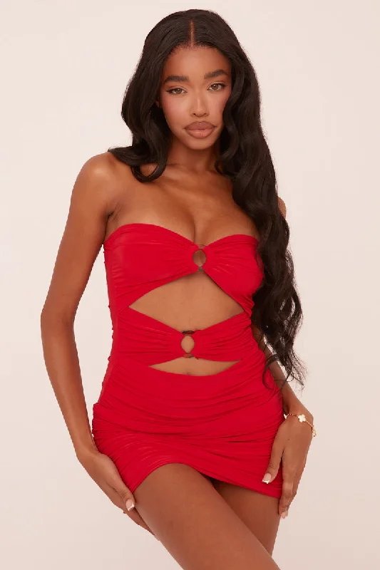 Red Ring Detail Bandeau Ruched Bodycon Mini Dress - Tefta Party mini dresses