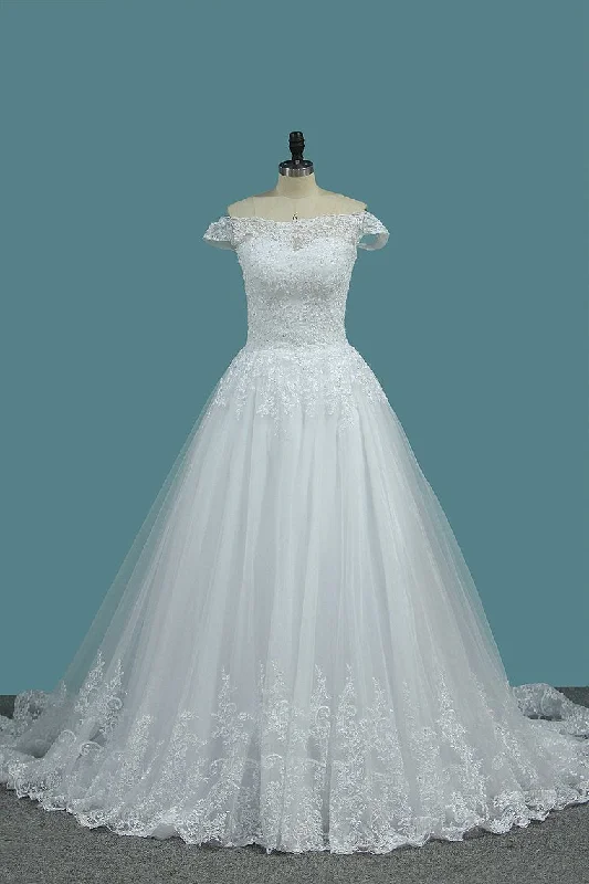 A Line Tulle Off The Shoulder Wedding Dresses With Applique Sweep Train Tiered Wedding Dress