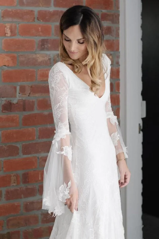 Unique Boho V Neck Beach Wedding Dress With Long Sleeves Lace Wedding Dress N1830 Timeless Wedding Dress