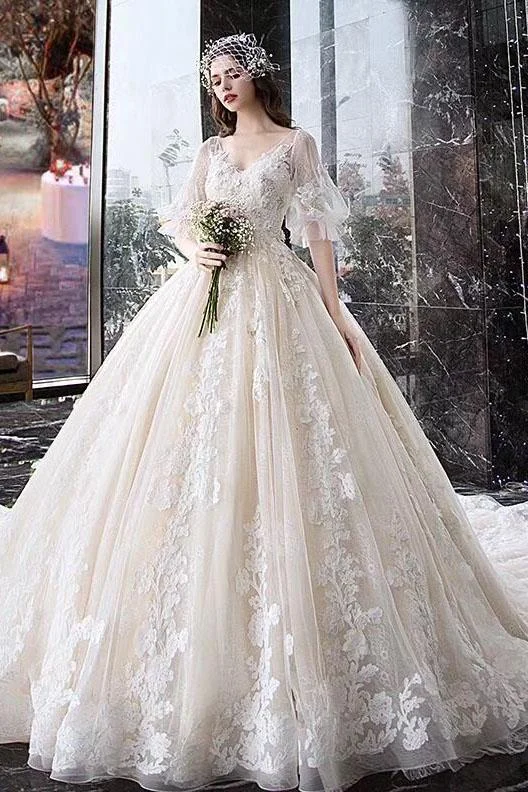 Charming Half Sleeves Ball Gown V Neck Wedding Dress Princess Bridal Dress N1626 Mermaid Style Gown