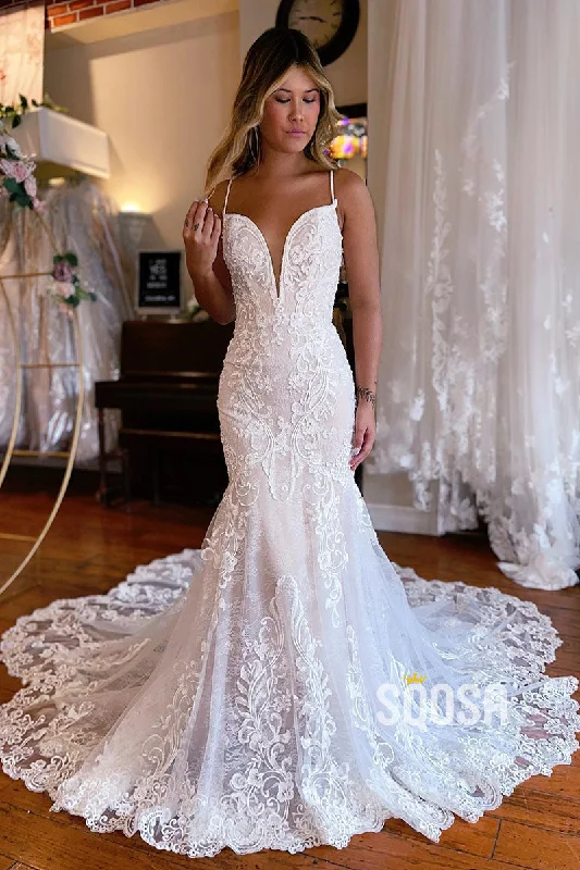 Attractive V-Neck Illusion Lace Appliques Mermaid Wedding Dress QW2395 Ruffle Wedding Gown