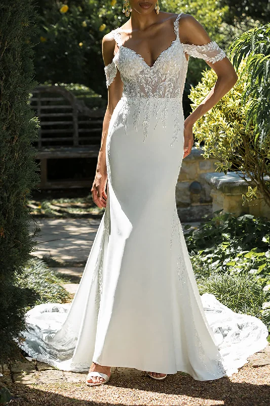 Sexy V Neck Sequins Appliques Mermaid Wedding Dress Open Back Bridal Gown QW2560 Boho Wedding Gown