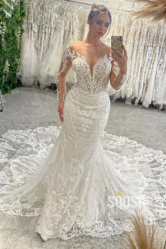 Illusion V-Neck Lace Appliques Long Sleeves Mermaid Wedding Dress QW2625 Chic Lace Dress