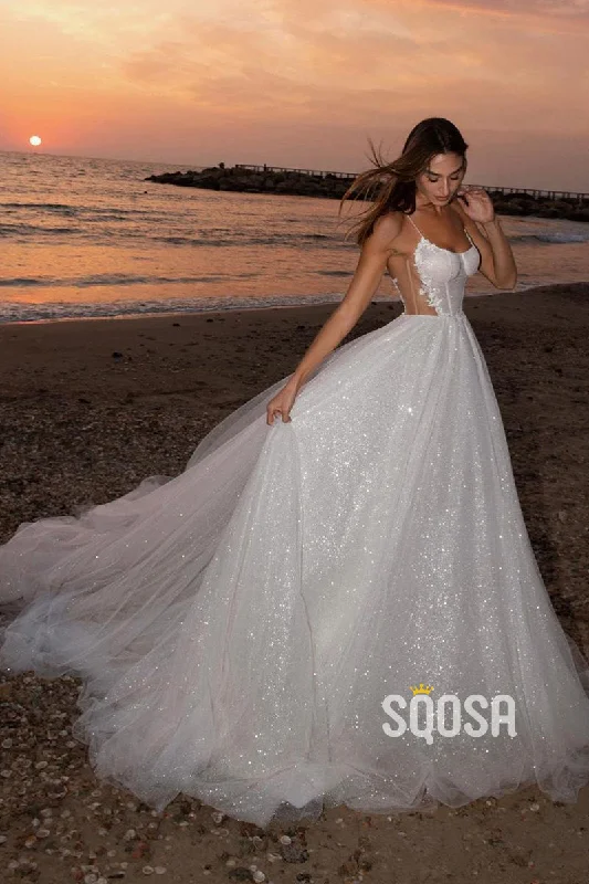 Spaghetti Straps Scoop Tulle Appliques A-line Wedding Dress QW2685 Sexy Wedding Dress